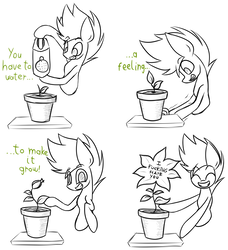 Size: 1812x1987 | Tagged: safe, artist:nekro-led, oc, oc only, oc:nekro led, earth pony, pony, comic, earth pony oc, flower, lineart, meme, plant pot, smiling, text, watering can