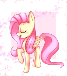 Size: 798x904 | Tagged: safe, artist:tiadrawsz, fluttershy, pegasus, pony, g4, eyes closed, female, folded wings, mare, open mouth, raised hoof, smiling, solo, standing