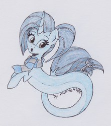 Size: 1169x1320 | Tagged: safe, artist:marta4708, oc, oc only, oc:marta clures, merpony, pony, seapony (g4), unicorn, clothes, dorsal fin, eyelashes, female, fish tail, flowing tail, open mouth, scarf, seaponified, signature, simple background, solo, species swap, tail, traditional art, white background