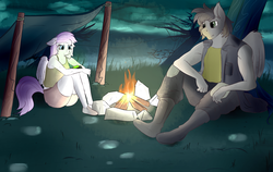 Size: 3000x1900 | Tagged: safe, artist:huckser, oc, oc only, oc:lightning flash, oc:nightly skies, anthro, campfire, clothes, fallout, night, outdoors