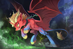 Size: 2400x1636 | Tagged: safe, artist:yakovlev-vad, oc, oc only, dracony, hybrid, pony, chains, commission, fangs, intimidating, leonine tail, male, patreon reward, rearing, solo, stallion