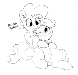 Size: 1280x1230 | Tagged: safe, artist:pabbley, derpy hooves, mayor mare, pony, g4, 30 minute art challenge, cuddling, cute, dialogue, female, lesbian, mare, monochrome, ship:mayorhooves, shipping