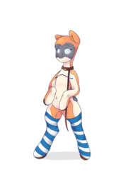 Size: 1536x2048 | Tagged: safe, artist:apelsin228, oc, oc only, oc:kiva, pony, robot, robot pony, clothes, collar, female, glowing eyes, leash, looking at you, simple background, socks, solo, standing, striped socks, white background