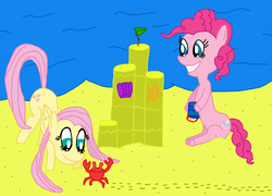 Size: 3192x2298 | Tagged: safe, artist:sb1991, fluttershy, pinkie pie, crab, pony, starfish, g4, beach, bucket, challenge, equestria amino, high res, sandcastle, shell