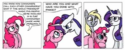 Size: 956x385 | Tagged: safe, artist:gingerfoxy, derpy hooves, pinkie pie, rarity, earth pony, pegasus, pony, unicorn, pony comic generator, g4, :|, clothes, comic, communism, costume, cute, derpabetes, eye contact, eyeroll, female, floppy ears, frown, glare, grin, lidded eyes, looking at each other, mare, misspelling, open mouth, pinkie costume, pony costume, ponysuit, raised eyebrow, sad, smiling, speech bubble, squee, suspicious, thinking, unamused