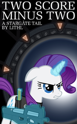 Size: 682x1091 | Tagged: safe, artist:totallynotabronyfim, rarity, pony, unicorn, g4, clothes, cover art, female, floppy ears, mare, p90, solo, stargate, vest, weapon