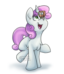 Size: 1248x1452 | Tagged: safe, artist:luximus17, sweetie belle, pony, unicorn, g4, balancing, crossover, cute, markiplier, open mouth, ponies balancing stuff on their nose, raised leg, simple background, smiling, tiny box tim, transparent background