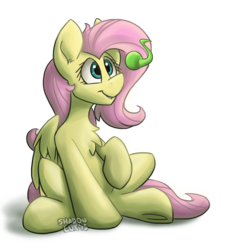 Size: 1248x1343 | Tagged: safe, artist:luximus17, fluttershy, pegasus, pony, g4, chest fluff, crossover, eye contact, eyeball, jacksepticeye, looking at each other, looking at something, raised hoof, simple background, sitting, transparent background