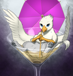 Size: 2000x2096 | Tagged: safe, artist:mykegreywolf, oc, oc only, oc:der, griffon, alcohol, cocktail, cocktail glass, drink, featureless crotch, glass, griffon oc, high res, micro, paw pads, paws, solo, umbrella, underpaw