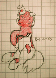 Size: 2120x2936 | Tagged: safe, artist:geljado, oc, oc only, unnamed oc, pony, color, eyes closed, female, floppy ears, graph paper, high res, lined paper, monochrome, paint, paint can, red paint, sketch, solo, spilled, spilled paint, traditional art