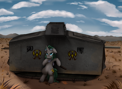 Size: 3509x2550 | Tagged: safe, artist:pridark, oc, oc only, pony, unicorn, a7v, bipedal, clothes, commission, goggles, high res, male, scarf, scenery, tank (vehicle)