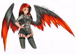 Size: 1024x729 | Tagged: safe, artist:divinekitten, oc, oc only, oc:amy amulet, human, clothes, female, garter belt, humanized, looking at you, red eyes, shirt, simple background, solo, winged humanization, wings