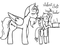 Size: 1200x900 | Tagged: safe, artist:taletrotter, oc, oc only, oc:silent bolt, oc:vanilla peaches, pony, fallout equestria, apron, clothes, female, lineart, male, sketch