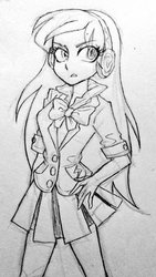 Size: 578x1024 | Tagged: safe, artist:dokuro_ringo, lemon zest, equestria girls, g4, clothes, crystal prep academy uniform, drawing, female, grayscale, headphones, monochrome, school uniform, skirt, solo, traditional art