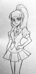 Size: 497x1023 | Tagged: safe, artist:dokuro_ringo, sour sweet, equestria girls, g4, clothes, crystal prep academy uniform, drawing, female, grayscale, looking at you, monochrome, school uniform, skirt, solo, traditional art