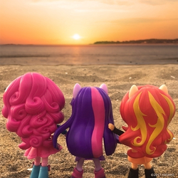 Size: 707x707 | Tagged: safe, pinkie pie, sunset shimmer, twilight sparkle, equestria girls, g4, official, beach, doll, equestria girls minis, eqventures of the minis, evening, irl, ocean, photo, sunset, toy