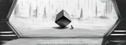 Size: 4000x1440 | Tagged: safe, artist:smowu, oc, oc only, pony, atmospheric, cube, futuristic, monochrome, painting