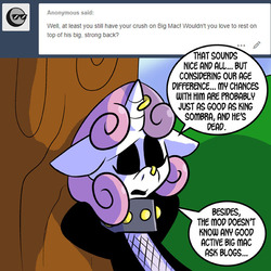 Size: 576x576 | Tagged: safe, artist:pembroke, sweetie belle, pony, ask meanie belle, g4, ask, big red macintosh, breaking the fourth wall, female, horn, horn piercing, meanie belle, nose piercing, nose ring, piercing, solo, speech bubble, tumblr