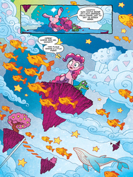 Size: 720x960 | Tagged: safe, artist:tonyfleecs, idw, official comic, gummy, pinkie pie, earth pony, fish, pony, sky whale, whale, discordant harmony, g4, spoiler:comic, spoiler:comic57, chaos, cloud, comic, female, floating island, mare, preview, the discord zone