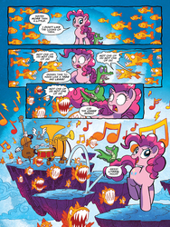 Size: 720x960 | Tagged: safe, artist:tonyfleecs, idw, official comic, gummy, pinkie pie, fish, pony, discordant harmony, g4, spoiler:comic, spoiler:comic57, cello, comic, floating island, musical instrument, preview, snare drum, the discord zone, triangle, trumpet, tuba