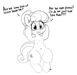 Size: 1280x1249 | Tagged: safe, artist:pabbley, crystal pony, pony, 30 minute art challenge, belly button, dialogue, existential crisis, female, mare, monochrome, open mouth, simple background, solo, white background