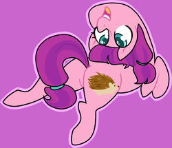 Size: 1672x1440 | Tagged: safe, artist:/d/non, lily longsocks, earth pony, hedgehog, pony, g4, 30 minute art challenge, backbend, butt, featureless crotch, female, flexible, happy, looking back, pigtails, plot, prone, purple background, simple background, smiling, solo, sploot, upside down face