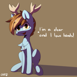 Size: 3500x3500 | Tagged: safe, artist:luxaestas, oc, oc only, deer pony, original species, pony, antlers, commission, dialogue, high res, male, simple background, smiling, solo, stallion