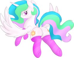 Size: 1200x944 | Tagged: safe, artist:php66, princess celestia, alicorn, pony, g4, butt, clothes, dock, featureless crotch, looking back, plot, simple background, socks, solo, striped socks, white background