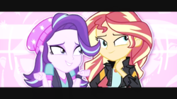 Size: 1200x675 | Tagged: safe, artist:ponliestar, edit, starlight glimmer, sunset shimmer, equestria girls, equestria girls specials, g4, my little pony equestria girls: mirror magic, duo, excited, friendship, happy, smiling, wallpaper