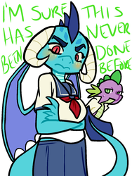 Size: 1005x1335 | Tagged: safe, artist:/d/non, princess ember, spike, dragon, g4, 30 minute art challenge, anime, clothes, female, male, my little sister can't be this cute, sailor uniform, ship:emberspike, shipping, simple background, skirt, straight, white background