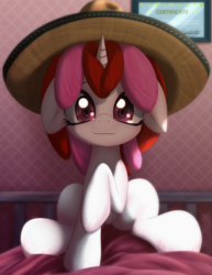 Size: 2968x3840 | Tagged: dead source, safe, artist:an-m, oc, oc only, oc:righty tighty, pony, unicorn, bed, female, floppy ears, hat, high res, looking at you, pony oc, sitting, solo