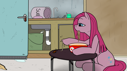 Size: 1600x900 | Tagged: safe, artist:pony quarantine, pinkie pie, cockroach, earth pony, insect, pony, g4, 4chan, bowl, bucket, drawthread, eating, female, food, lidded eyes, mare, noodles, pinkamena diane pie, ramen, refrigerator, roach, sitting, solo, soup, table
