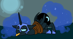 Size: 2002x1064 | Tagged: safe, artist:/d/non, nightmare moon, alicorn, pony, g4, 30 minute art challenge, bondage, female, mare, rope, rope bondage, tied up, tongue out, unamused