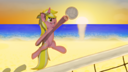 Size: 1920x1080 | Tagged: safe, artist:nuxersopus, sunshine smiles, pony, g4, background pony, beach, ocean, smiling, solo, sunset, volleyball