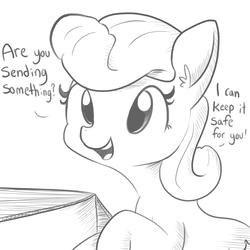 Size: 1584x1584 | Tagged: safe, artist:tjpones, oc, oc only, oc:packing peanuts, earth pony, object pony, original species, pony, amazon.com, box, cardboard box, cute, cutie mark, dialogue, ear fluff, female, grayscale, i can't believe it's not badumsquish, mare, monochrome, open mouth, packing peanuts, ponified, simple background, sketch, smiling, solo, white background