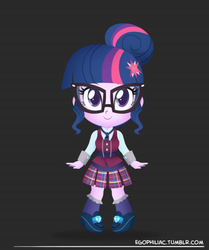 Size: 790x946 | Tagged: safe, artist:egophiliac, sci-twi, twilight sparkle, equestria girls, g4, chibi, clothes, crystal prep academy uniform, cute, female, looking at you, outfit, school uniform, skirt, smiling, solo, twiabetes