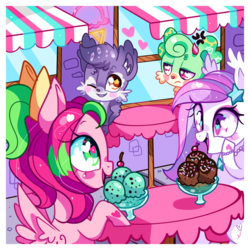 Size: 900x900 | Tagged: safe, artist:ipun, oc, oc only, oc:gadget, oc:precious metal, unnamed oc, bat pony, pegasus, pony, blushing, female, food, heart, heart eyes, ice cream, mare, table, wingding eyes