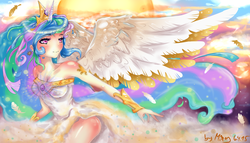 Size: 1024x586 | Tagged: dead source, safe, artist:miniiming, princess celestia, human, g4, breasts, clothes, dress, female, horn, horned humanization, humanized, regalia, shoulderless, solo, winged humanization, wings