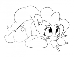 Size: 1280x1000 | Tagged: safe, artist:pabbley, pinkie pie, earth pony, pony, g4, 30 minute art challenge, blushing, ear fluff, female, food, mare, monochrome, popsicle, prone, simple background, solo, suggestive eating, white background