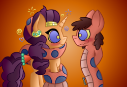 Size: 1110x760 | Tagged: safe, artist:snakeythingy, saffron masala, oc, oc:sketchy dupe, lamia, original species, snake pony, g4, blushing, canon x oc, coils, dupala, gradient background, kaa eyes, looking at each other, massage, mind control, sketchffron, story included