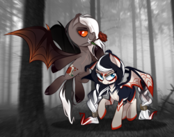 Size: 2350x1850 | Tagged: safe, artist:zombie, oc, oc only, bat pony, pony, duo, flower, flower in mouth, forest, mouth hold, raised hoof