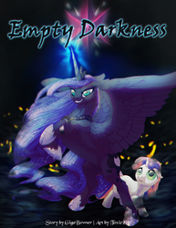 Size: 833x1078 | Tagged: safe, artist:t0xiceye, princess luna, sweetie belle, pony, g4, creature, darkness, empty darkness, fanfic, fanfic art, glowing eyes, glowing horn, glowing mouth, horn
