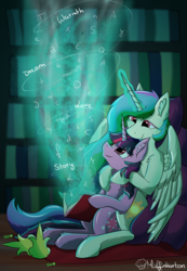 Size: 1280x1854 | Tagged: safe, artist:muffinkarton, princess celestia, twilight sparkle, pony, g4, book, cuddling, female, library, magic, princess, snuggling