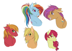 Size: 1024x721 | Tagged: safe, artist:uniquecolorchaos, apple bloom, applejack, big macintosh, rainbow dash, scootaloo, earth pony, pony, g4, beard, bust, facial hair, female, lesbian, missing accessory, older, one eye closed, portrait, scar, tattoo, wink