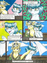 Size: 1024x1365 | Tagged: safe, artist:tillie-tmb, oc, oc only, oc:meadow lark, oc:tempest, earth pony, pony, unicorn, cloak, clothes, comic, female, mare, ship, traditional art