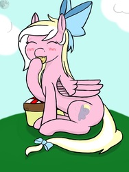 Size: 588x780 | Tagged: safe, artist:wyntermoon, oc, oc only, oc:bay breeze, pegasus, pony, basket, bowtie, cookie, cutie mark, eating, female, food, happy, mare, multicolored hair, picnic basket, sitting, solo