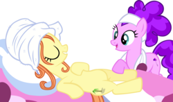 Size: 6343x3728 | Tagged: safe, artist:ironm17, bella brella, ocean dream, earth pony, pony, filli vanilli, g4, eyes closed, female, grin, mare, massage, on back, simple background, smiling, spa, towel, transparent background, vector, working