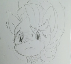 Size: 998x905 | Tagged: safe, artist:maren, starlight glimmer, pony, unicorn, g4, bust, crying, doodle, female, frown, monochrome, portrait, shivering, solo, traditional art
