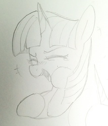 Size: 947x1105 | Tagged: safe, artist:maren, twilight sparkle, pony, g4, bust, doodle, female, laughing, mare, monochrome, open mouth, solo, traditional art