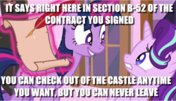 Size: 856x492 | Tagged: safe, edit, edited screencap, screencap, starlight glimmer, twilight sparkle, alicorn, pony, a royal problem, g4, contract, hotel california, image macro, meme, song reference, the eagles, twilight sparkle (alicorn)